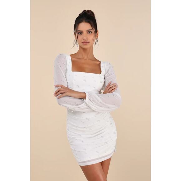 Lulus Admirably Divine White Mesh Pearl Beaded Long Sleeve Mini Bodycon Dress S - Picture 3 of 6